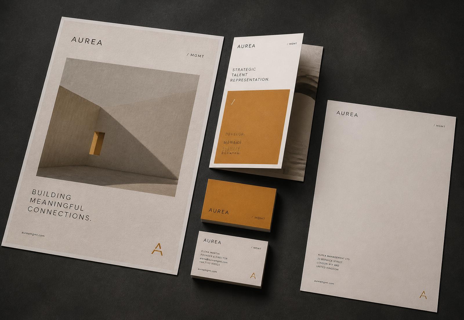Printed brand collateral: poster, folded flyer, business cards and stationery