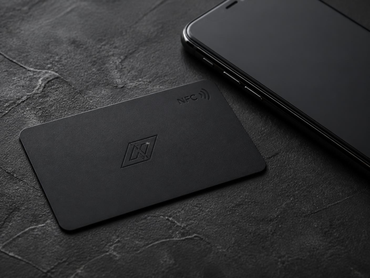 Matte black AdMosaic NFC review card resting beside a smartphone