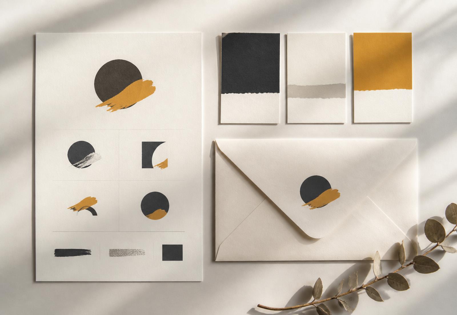 Brand identity sheet with logo variations, colour swatch cards and an envelope